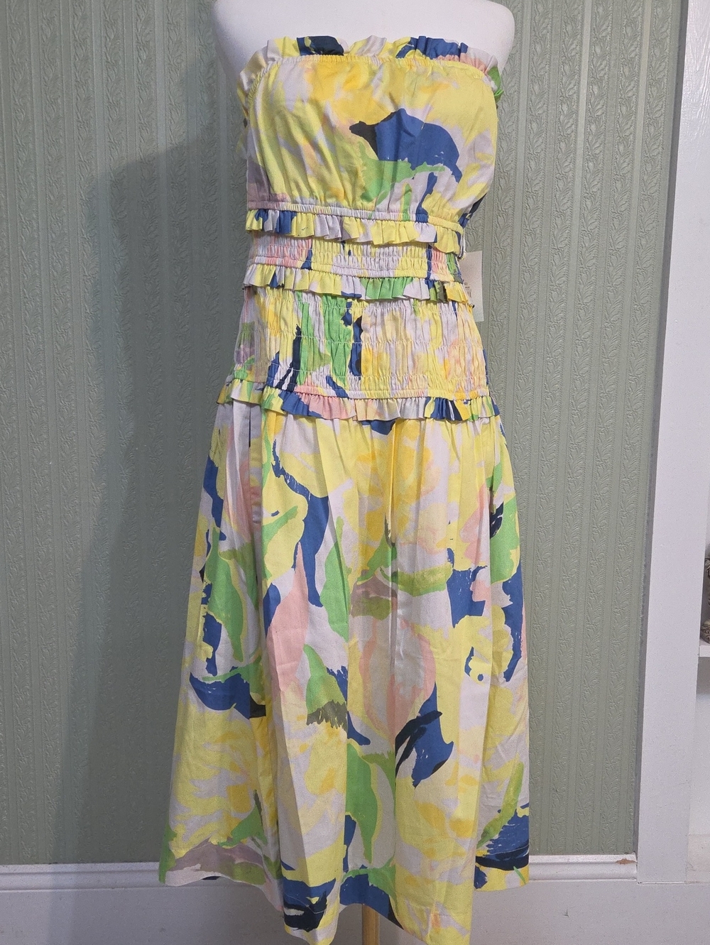 Strapless Yellow Multi-Color Smocked Midi Dress Flowy Whimsical Elegant Casual